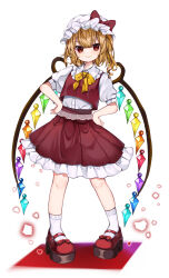 Rule 34 | 1girl, absurdres, blonde hair, bow, crystal, flandre scarlet, flat chest, full body, hands on own hips, hat, hat bow, highres, light brown hair, looking to the side, one side up, petite, petticoat, pigeon-toed, puffy short sleeves, puffy sleeves, red bow, red eyes, short hair with long locks, short sleeves, smile, solo, standing, touhou, wings, yuineko