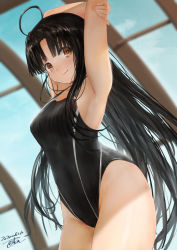 Rule 34 | 1girl, alternate costume, armpits, arms up, black hair, black one-piece swimsuit, blue sky, blush, breasts, brown eyes, closed mouth, competition swimsuit, gluteal fold, indoors, kantai collection, large breasts, long hair, looking at viewer, one-piece swimsuit, shouhou (kancolle), sky, smile, solo, swimsuit, thighs, toka (marchlizard), very long hair, window