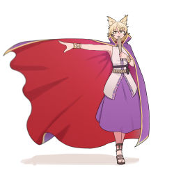 Rule 34 | 1girl, belt, black belt, blonde hair, blouse, bracelet, cape, commentary, earmuffs, english commentary, full body, high collar, highres, jewelry, looking at viewer, mata (matasoup), outstretched arm, pointy hair, purple cape, purple skirt, red cape, ritual baton, sandals, shirt, short hair, simple background, skirt, sleeveless, sleeveless shirt, smile, solo, touhou, toyosatomimi no miko, white background, yellow eyes