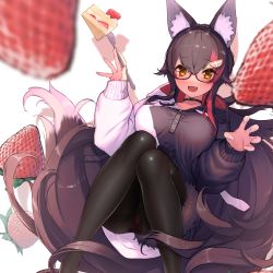 Rule 34 | 1girl, absurdres, animal ears, bespectacled, black hair, black pantyhose, blurry, blush, breasts, cake, choker, claw pose, depth of field, fingernails, food, fork, fruit, glasses, highres, holding, holding fork, hololive, knees up, large breasts, legs, long hair, looking at viewer, messy hair, multicolored hair, ookami mio, ookami mio (casual), open mouth, oshiruko (oshiruco 212048), oversized food, oversized object, pantyhose, sidelocks, simple background, sitting, solo, strawberry, strawberry cake, streaked hair, tail, tail wrap, taut jacket, very long hair, virtual youtuber, white background, wolf ears, wolf tail