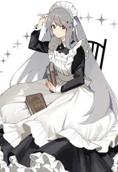 Rule 34 | 1girl, apron, black dress, book, bright pupils, chair, closed mouth, collared dress, commentary request, commission, diamond (shape), diamond hair ornament, dress, grey hair, hand up, highres, holding, holding book, long dress, long hair, long sleeves, looking at viewer, maid apron, maid headdress, meido-fuku ga mitai, original, petticoat, red eyes, sidelocks, sitting, skeb commission, solo, white pupils