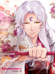 Rule 34 | 1boy, artist name, character name, chopin510, crescent moon, eyeshadow, face, facial mark, floral print, forehead mark, fur, holding, inuyasha, knife, long hair, looking at viewer, makeup, male focus, moon, parted bangs, pointy ears, sesshoumaru, solo, white hair, yellow eyes