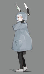Rule 34 | 1girl, bag, black gloves, black pantyhose, closed mouth, coat, dated, floating headgear, from side, gloves, grey background, grey coat, grey eyes, grey footwear, hair ribbon, hands on own head, headgear, hikashima (shiofune), holding, holding bag, hood, hooded coat, kantai collection, long sleeves, looking at viewer, murakumo (kancolle), orange eyes, pantyhose, partially fingerless gloves, ribbon, sidelocks, signature, solo, thick eyebrows, tress ribbon