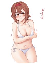 Rule 34 | 1girl, alternate costume, bikini, breasts, brown eyes, brown hair, cleavage, cropped legs, crossed arms, hairband, highres, ishida arata, kantai collection, looking at viewer, medium breasts, navel, red hairband, shiratsuyu (kancolle), short hair, side-tie bottom, solo, swimsuit, twitter username, white background, white bikini