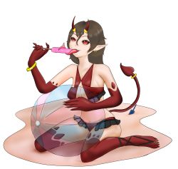 Rule 34 | absurdres, ball, beach, beachball, bikini, brown hair, claws, colored skin, demon girl, demon horns, demon tail, food, highres, horns, ice cream, jewelry, pointy ears, red eyes, red skin, ring, sand, swimsuit, tail