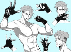 Rule 34 | 1boy, abs, achilles (fate), bandaid, bandaid on face, blue background, clenched hand, fate/apocrypha, fate (series), fingerless gloves, frown, gloves, grin, haruakira, male focus, monochrome, multiple views, nipples, pectorals, short hair, smile, topless male, undercut, upper body, wiping face