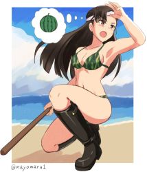 Rule 34 | 1girl, armpits, asymmetrical bangs, bikini, black hair, blue sky, blunt bangs, blunt ends, blush, boots, breasts, brown eyes, brown hair, camouflage, camouflage bikini, cleavage, cloud, cloudy sky, collarbone, day, food, frown, fruit, girls und panzer, green bikini, kneeling, lifted by self, long hair, mayomaru1, medium breasts, navel, nishi kinuyo, ocean, on one knee, one-hour drawing challenge, open mouth, outdoors, outside border, sky, solo, squatting, stick, suikawari, swimsuit, thighs, tongue, twitter username, unworn blindfold, watermelon