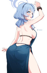 Rule 34 | 1girl, ako (blue archive), ako (dress) (blue archive), ass, back, backless dress, backless outfit, bare shoulders, blue archive, blue dress, blue eyes, blue hair, blush, breasts, butt crack, chain, cuffs, dress, earrings, hair between eyes, hairband, halo, highres, jewelry, large breasts, looking at viewer, looking back, medium hair, open mouth, shackles, shouhei, sideboob, solo