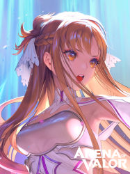 Rule 34 | 1girl, absurdres, arena of valor, armor, armpits, asuna (stacia), blue background, braid, breastplate, breasts, brown eyes, brown hair, detached collar, eye reflection, floating hair, french braid, hair ornament, highres, hyulla, long hair, open mouth, reflection, small breasts, solo, sword art online, sword art online: alicization, sword art online: alicization - war of underworld, upper body, very long hair