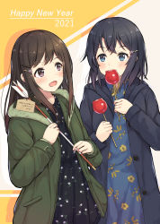 Rule 34 | 2021, 2girls, adachi sakura, adachi to shimamura, arrow (projectile), bad id, bad pixiv id, blue eyes, blue hair, brown eyes, brown hair, candy apple, china dress, chinese clothes, commentary, dress, floral print, food, hair ornament, hairclip, highres, jacket, light blush, long hair, medium hair, multiple girls, new year, shimamura hougetsu, simple background, yotsushi