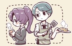 Rule 34 | 1boy, 1girl, apron, aqua hair, black eyes, black necktie, breasts, closed mouth, collared shirt, commentary request, cup, dotted line, employee (project moon), food, frown, green apron, grey sweater, hatake shimeji, holding, holding cup, holding plate, holding spatula, lobotomy corporation, long hair, long sleeves, medium breasts, necktie, no nose, original, outline, pale skin, pancake, plate, ponytail, project moon, purple hair, shirt, short hair, simple background, spatula, steam, sweater, white outline, white shirt, yellow background
