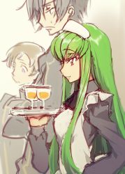 Rule 34 | 1girl, 2boys, alternate costume, apron, black dress, black hair, black ribbon, brown hair, c.c., closed mouth, code geass, creayus, cup, dress, drink, drinking glass, enmaided, eyebrows, from side, frown, green hair, holding, holding tray, lelouch vi britannia, liquid, long hair, long sleeves, maid, maid headdress, multiple boys, profile, purple eyes, ribbon, rolo lamperouge, sketch, smile, sweatdrop, tray, upper body, very long hair, white apron, yellow eyes