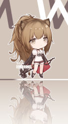 Rule 34 | 1girl, animal ears, arknights, black footwear, boots, brown eyes, brown hair, character name, chibi, full body, fur-trimmed jacket, fur-trimmed shorts, fur trim, hammer, highres, holding, holding hammer, jacket, jacket on shoulders, leather, leather jacket, lion ears, lion girl, lion tail, long hair, looking at viewer, ponytail, red shorts, reflection, renren, shorts, siege (arknights), solo, tail, tank top, very long hair, war hammer, weapon, white tank top
