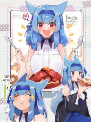 Rule 34 | 1girl, :d, animal ears, bare arms, bare shoulders, black jacket, blue hair, blue hairband, blue skirt, blush, breasts, closed eyes, commentary, dog ears, dog tail, eating, egg, food, fork, hairband, highres, holding, holding fork, holding spoon, jacket, long hair, looking at viewer, meat, medium breasts, multiple views, open mouth, original, red eyes, rene (rirene), rirene rn, shirt, skirt, sleeveless, sleeveless shirt, smile, spoon, tail, white shirt
