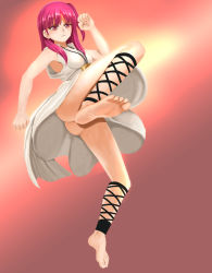 Rule 34 | 1girl, anklet, ass, bare legs, barefoot, blush, breasts, clenched hand, clenched hands, dress, feet, female focus, fighting stance, full body, highres, hirono (final square), jewelry, long hair, magi the labyrinth of magic, morgiana, necklace, no panties, red eyes, red hair, sideboob, soles, solo, toes