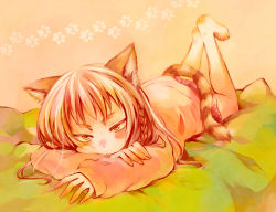 Rule 34 | 1girl, :&lt;, animal ears, bad id, bad pixiv id, bare legs, barefoot, blush stickers, braid, brown hair, cat ears, cat tail, cheek squash, commentary request, feet up, highres, long hair, long sleeves, looking at viewer, lying, mike (nasimomoringo), miniskirt, on bed, on stomach, original, paw print, pink shirt, red skirt, shirt, skirt, sleeves past wrists, slit pupils, solo, striped tail, tail, yellow eyes