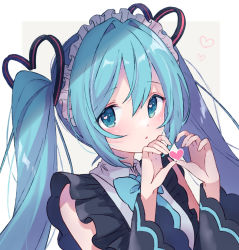 Rule 34 | 1girl, alternate costume, apron, blue eyes, blue hair, blush, bow, collared shirt, commentary, detached sleeves, enmaided, hair ornament, hands up, hatsune miku, heart, heart hair ornament, heart hands, heart in eye, long hair, long sleeves, looking at viewer, maid, maid apron, maid headdress, parted lips, paya (alunair), shirt, sleeveless, sleeveless shirt, solo, symbol in eye, twintails, vocaloid