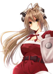 Rule 34 | 10s, 1girl, amagi brilliant park, antenna hair, bad id, bad pixiv id, blurry, blush, breasts, brown hair, cape, christmas, cleavage, depth of field, gun, large breasts, long hair, nano (cherry line), ponytail, rifle, santa costume, sento isuzu, simple background, solo, upper body, weapon, white background, yellow eyes