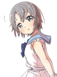 Rule 34 | 1girl, :o, arms behind back, bare shoulders, blue bow, blue sailor collar, blush, bow, commentary request, dress, from side, grey eyes, grey hair, hair between eyes, idolmaster, idolmaster cinderella girls, idolmaster cinderella girls starlight stage, looking at viewer, looking to the side, notice lines, otokura yuuki, parted bangs, parted lips, pleated dress, sailor collar, sailor dress, simple background, sleeveless, sleeveless dress, solo, striped, striped bow, white background, white dress, wrist cuffs, yukie (kusaka shi)