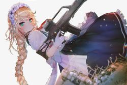 Rule 34 | 1girl, apron, aqua eyes, assault rifle, blonde hair, blush, braid, braided bangs, braided ponytail, closed mouth, commentary, dress, g36 (girls&#039; frontline), girls&#039; frontline, gloves, grey background, gun, h&amp;k g36, hair between eyes, hanato (seonoaiko), heckler &amp; koch, holding, light particles, long hair, looking at viewer, maid, maid headdress, rifle, sidelocks, simple background, single braid, skirt, solo, sparkle, trigger discipline, twitter username, very long hair, weapon, white gloves