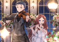 Rule 34 | 1boy, 1girl, alternate costume, black jacket, black shirt, blue eyes, blue hair, blurry, blurry foreground, bow, bowtie, brown hair, brown pants, closed mouth, commentary, depth of field, dress, dress shirt, english commentary, fate/grand order, fate (series), flower, flute, forehead, green eyes, grey vest, holding, holding instrument, holding violin, instrument, iroha (shiki), jacket, leonardo da vinci (fate), leonardo da vinci (fate/grand order), leonardo da vinci (rider) (fate), long hair, long sleeves, medallion, music, open clothes, open jacket, pants, parted bangs, playing instrument, red flower, red rose, rose, see-through, sherlock holmes (fate), shirt, smile, strapless, strapless dress, very long hair, vest, violin, white dress, white flower, white neckwear, white rose