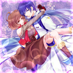 Rule 34 | 1boy, 1girl, blue eyes, blue nails, blue scarf, bob cut, brown eyes, brown hair, carrying, cropped jacket, kaito (vocaloid), lipstick, makeup, meiko (vocaloid), nail polish, off shoulder, princess carry, purple hair, ribbed sweater, scarf, smile, sweater, tonyo (milky crown), totono, vocaloid