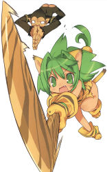 Rule 34 | 1girl, animal ears, animal hands, animal print, blade (galaxist), boomerang, cat ears, cham cham, fang, gloves, green eyes, green hair, highres, long hair, monkey, no panties, open mouth, paku paku, paw gloves, paw shoes, queen&#039;s blade, queen&#039;s gate, samurai spirits, shoes, simple background, snk, tiger print, weapon, white background