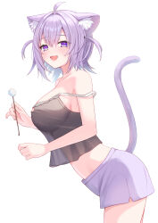 Rule 34 | 1girl, absurdres, ahoge, animal ear fluff, animal ears, bare arms, bare shoulders, black camisole, breasts, camisole, cat ears, cat girl, cat tail, commentary request, cowboy shot, from side, hair between eyes, highres, holding, hololive, large breasts, looking at viewer, midriff, mimikaki, nekomata okayu, nekomata okayu (membership), open mouth, purple eyes, purple hair, purple shorts, short hair, shorts, smile, solo, strap slip, tail, togemaru34, two side up, virtual youtuber