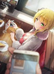 Rule 34 | 1girl, amamami prime, artist name, bead bracelet, beads, blonde hair, blunt bangs, blurry, blurry foreground, booth seating, bracelet, breasts, cake, cellphone, cleavage, coat, dated, food, from above, fur coat, green eyes, highres, holding, holding phone, holding spoon, idolmaster, idolmaster cinderella girls, jewelry, looking at viewer, medium breasts, miyamoto frederica, parfait, phone, pink shirt, plate, shirt, short hair, sitting, smartphone, solo focus, spoon, table, twitter username, wooden table