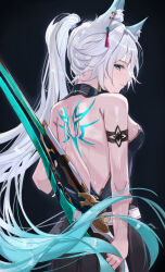 1girl animal_ear_fluff animal_ear_piercing animal_ears arm_cuffs back_tattoo backless_shirt bare_back bare_shoulders black_background collared_coat ear_ornament feixiao_(honkai:_star_rail) fox_ears fox_girl green_eyes high_ponytail highres holding holding_weapon honkai:_star_rail honkai_(series) looking_at_viewer looking_back makeup miya-chan_(lightning0730) multicolored_hair no_coat simple_background sleeveless solo tattoo third-party_source weapon white_hair