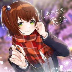 Rule 34 | 1girl, booota, brown hair, closed mouth, coat, denonbu, earphones, green eyes, hair ornament, hidaka reina (denonbu), long sleeves, looking at viewer, official art, red scarf, scarf, shirt, side ponytail, smile, solo, white shirt, winter clothes, winter coat