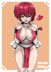 Rule 34 | 1girl, absurdres, blue eyes, blush, braid, breasts, character name, cleavage, cosplay, cowboy shot, english text, genderswap, genderswap (mtf), heart, heart-shaped pupils, highres, large breasts, long hair, open mouth, ponytail, ranma-chan, ranma 1/2, red hair, revealing clothes, saotome ranma, shiny skin, shiranui mai (cosplay), single braid, smile, solo, sweat, symbol-shaped pupils, wide hips