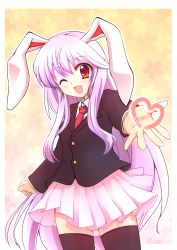 Rule 34 | 1girl, ;d, animal ears, black thighhighs, blazer, blush, female focus, jacket, long hair, long sleeves, looking at viewer, milfy oira, necktie, one eye closed, open mouth, outstretched arm, purple hair, rabbit ears, red eyes, red necktie, reisen udongein inaba, skirt, smile, solo, standing, thighhighs, touhou, wink, zettai ryouiki