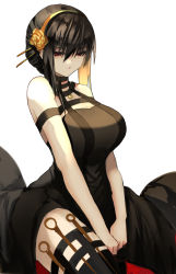 Rule 34 | 1girl, bare shoulders, between legs, black dress, black footwear, black hair, boots, breasts, cleavage, dagger, dress, earrings, gold hairband, hairband, hand between legs, highres, inovy, jewelry, knife, large breasts, looking to the side, red eyes, sheath, sheathed, sidelocks, smile, solo, spy x family, stiletto (weapon), thigh boots, thighhighs, weapon, yor briar, zettai ryouiki