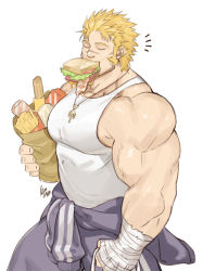 Rule 34 | 1boy, bag, baguette, bandages, bara, bare shoulders, blonde hair, bread, clothes around waist, cowboy shot, closed eyes, facial hair, food, food in mouth, goatee, gomtang, jacob (housamo), jewelry, large pectorals, long sideburns, male focus, mature male, muscular, muscular male, necklace, pectorals, sandwich, scar, scar on face, scar on nose, shirt, shirt around waist, shopping bag, short hair, sideburns, sidepec, solo, stubble, tank top, thick thighs, thighs, tokyo houkago summoners, veins, white tank top