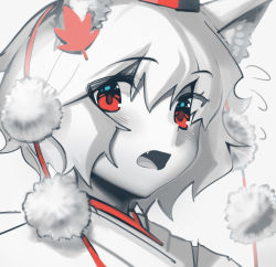 Rule 34 | 1girl, animal ears, blush, boa (brianoa), fang, flying sweatdrops, hat, highres, inubashiri momiji, leaf, limited palette, looking at viewer, maple leaf, monochrome, open mouth, pom pom (clothes), portrait, red eyes, red theme, simple background, solo, spot color, tokin hat, touhou, white background, wolf ears