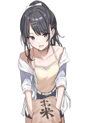Rule 34 | 1girl, :d, bare shoulders, belt, belt buckle, black hair, black shorts, bow, buckle, camisole, collarbone, grey eyes, hair bow, hair ornament, hairclip, haruyuki (gffewuoutgblubh), highres, holding, idolmaster, idolmaster shiny colors, jacket, kazano hiori, long hair, mole, mole under mouth, off shoulder, open clothes, open jacket, open mouth, ponytail, short shorts, shorts, simple background, smile, solo, white background, white belt, white bow, white jacket, x hair ornament, yellow camisole
