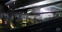 Rule 34 | bad id, bad pixiv id, chimney, city, city lights, cityscape, fami (yellow skies), flying, megastructure, pyramid (structure), road, science fiction, tower
