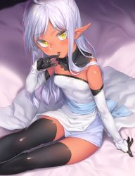 Rule 34 | 1girl, black gloves, black thighhighs, character request, copyright request, dark-skinned female, dark skin, dress, elbow gloves, female focus, gloves, h kasei, long hair, looking at viewer, on bed, pointy ears, silver hair, sitting, solo, strapless, strapless dress, thighhighs, white dress, yellow eyes