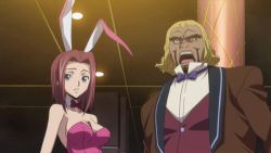 Rule 34 | 1boy, 1girl, angry, animal ears, animal ears removed, animated, animated gif, backflip, bare arms, bare shoulders, beard, between breasts, blonde hair, blue eyes, bow, bowtie, breasts, bunny ears removed, cleavage, code geass, dark skin, detached collar, facial hair, fake animal ears, formal, kouzuki kallen, kicking, large breasts, lowres, open mouth, playboy bunny, punching, rabbit ears, rabbit tail, red hair, short hair, suit, tail, upper body, violence, wrist cuffs