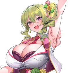 1girl :d arm_up belt between_breasts blush bow bra bra_peek breast_pocket breasts cleavage cropped_jacket detached_collar drill_hair earrings erato_(last_origin) eyebrows_hidden_by_hair female_focus flower frills game_cg green_eyes hair_between_eyes hair_bow hair_flower hair_ornament hair_ribbon head_tilt high_collar huge_breasts idol idol_clothes jacket jewelry kirome_(kamipaper) last_origin long_hair looking_at_viewer necktie necktie_between_breasts official_art one_side_up open_clothes open_jacket open_mouth pocket purple_bra purple_eyes ribbon see-through_frills side_ponytail sleeveless smile sweatdrop tight_clothes transparent_background underwear upper_body