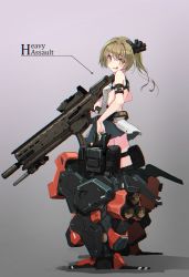 Rule 34 | 1girl, :q, absurdres, backless outfit, blonde hair, breasts, chromatic aberration, commentary request, from behind, full body, gradient background, grey background, gun, highres, long hair, looking at viewer, mecha musume, oota youjo, original, ponytail, small breasts, solo, standing, thrusters, tongue, tongue out, weapon, yellow eyes