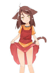 Rule 34 | 1girl, :d, animal ears, ariyoshi gen, brown hair, clothes lift, ears down, fang, looking at viewer, open mouth, original, simple background, skirt, skirt lift, smile, solo, tail, white background, yellow eyes