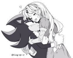 Rule 34 | 1boy, 1girl, animal ears, animal nose, artist name, blush, body fur, bracelet, closed eyes, closed mouth, dated, dress, furry, furry male, gloves, greyscale, hairband, half-closed eyes, heart, hedgehog, hedgehog ears, hedgehog tail, highres, hug, jewelry, layered sleeves, lazy kun, long hair, long sleeves, looking at another, looking up, maria robotnik, monochrome, open mouth, puffy short sleeves, puffy sleeves, shadow the hedgehog, shirt, short over long sleeves, short sleeves, simple background, smile, sonic (series), sonic adventure 2, standing, tail, teeth, tongue, two-tone fur