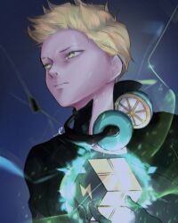 Rule 34 | 1boy, aura, black gloves, blonde hair, cookie run, electricity, gloves, grey background, headphones, headphones around neck, highres, hiingoooo, humanization, lemon cookie, male focus, rubik&#039;s cube, serious, short hair, upper body, yellow eyes