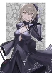Rule 34 | 1girl, absurdres, artoria pendragon (all), artoria pendragon (fate), black bow, black dress, blonde hair, border, bow, breasts, ciloranko, cleavage, dress, fate/stay night, fate (series), floral background, hair between eyes, hair bow, highres, holding, holding sword, holding weapon, long sleeves, looking at viewer, saber alter, sidelocks, solo, sword, weapon, white border, wide sleeves, yellow eyes