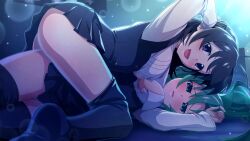 Rule 34 | 2girls, adjusting hair, ass, black hair, black skirt, blue eyes, blush, breasts, cosplay, crossover, embarrassed, green eyes, green hair, highres, higurashi no naku koro ni, higurashi no naku koro ni mei, long hair, looking at viewer, loose thighhigh, lying, lying on person, medium breasts, miniskirt, multiple girls, night, non-web source, official art, on back, open mouth, pleated skirt, saionji sekai, school days, school uniform, skirt, smile, sonozaki mion, thighhighs, watanabe akio, yuri