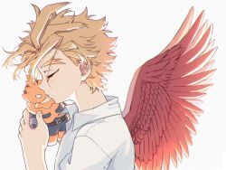 Rule 34 | 1boy, aged down, blonde hair, body markings, boku no hero academia, character doll, collared shirt, doll, endeavor (boku no hero academia), closed eyes, feathered wings, feathers, hawks (boku no hero academia), head down, holding, holding doll, male focus, miso (mimimiso), red feathers, shirt, short hair, solo, spread wings, white background, white shirt, wind, wings