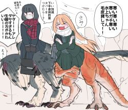 &gt;_&lt; 2girls black_hair blonde_hair blunt_bangs claws digitigrade dinosaur dinosaur_girl dinosaur_tail extra_arms feathered_wings feathers furry furry_female green_feathers highres lizard_tail long_hair mask medium_hair monster_girl mouth_mask multiple_girls original pleated_skirt reptile_girl scarf school_uniform serafuku sketch skirt tail talons tanaki_bouei translation_request wavy_mouth wind wings