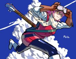 Rule 34 | 1girl, :3, bass guitar, boots, calilo, cloud, copyright name, day, flcl, goggles, goggles on head, haruhara haruko, highres, instrument, looking at viewer, pink hair, rickenbacker, sky, smile, solo, yellow eyes